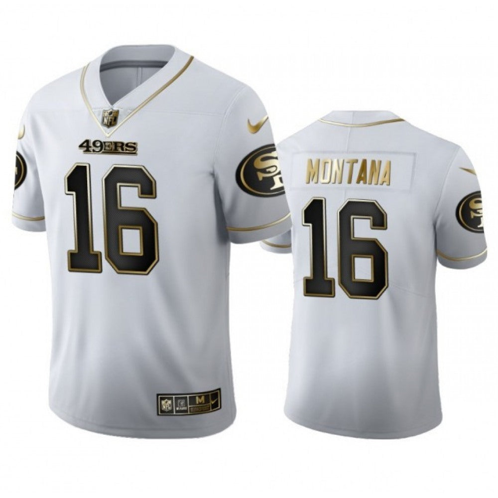 Men's San Francisco 49ers #16 Joe Montana White Gold Stitched Jersey 