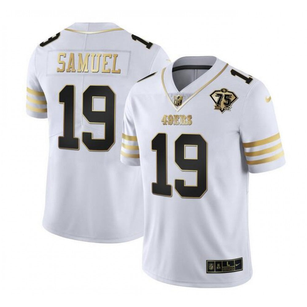 Men's San Francisco 49ers #19 Deebo Samuel White Gold With 75th Patch Stitched Jersey 