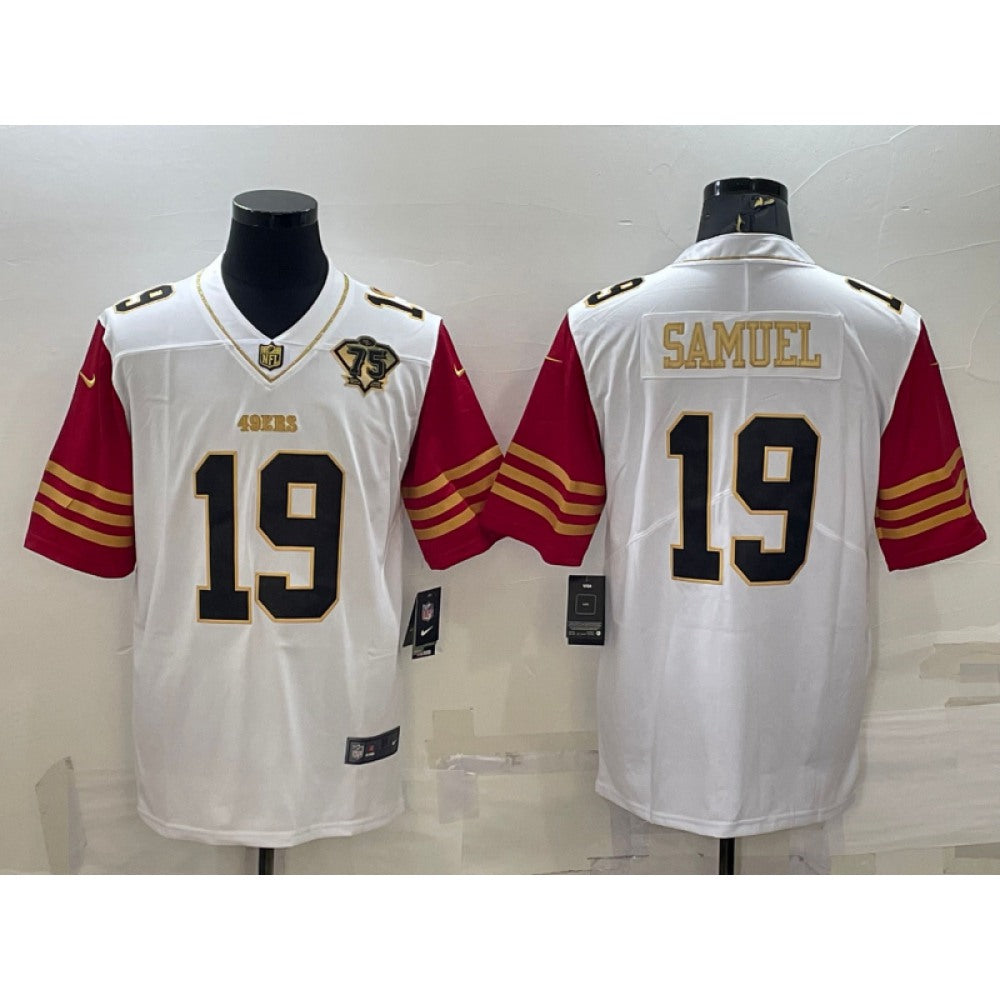 Men's San Francisco 49ers #19 Deebo Samuel White Gold With 75th Anniversary Patch Stitched Jersey 