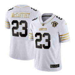 Men's San Francisco 49ers #23 Christian McCaffrey White Gold With 75th Patch Stitched Jersey 