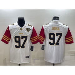 Men's San Francisco 49ers #97 Nick Bosa White Gold With 75th Anniversary Patch Stitched Jersey 