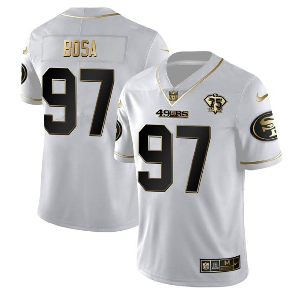 Men's San Francisco 49ers #97 Nick Bosa White Gold 75th Anniversary Stitched Jersey 
