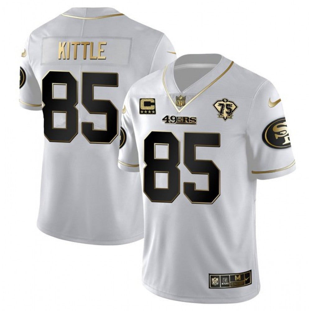 Men's San Francisco 49ers George Kittle White Gold 75th Anniversary With C Patch Stitched Jersey 