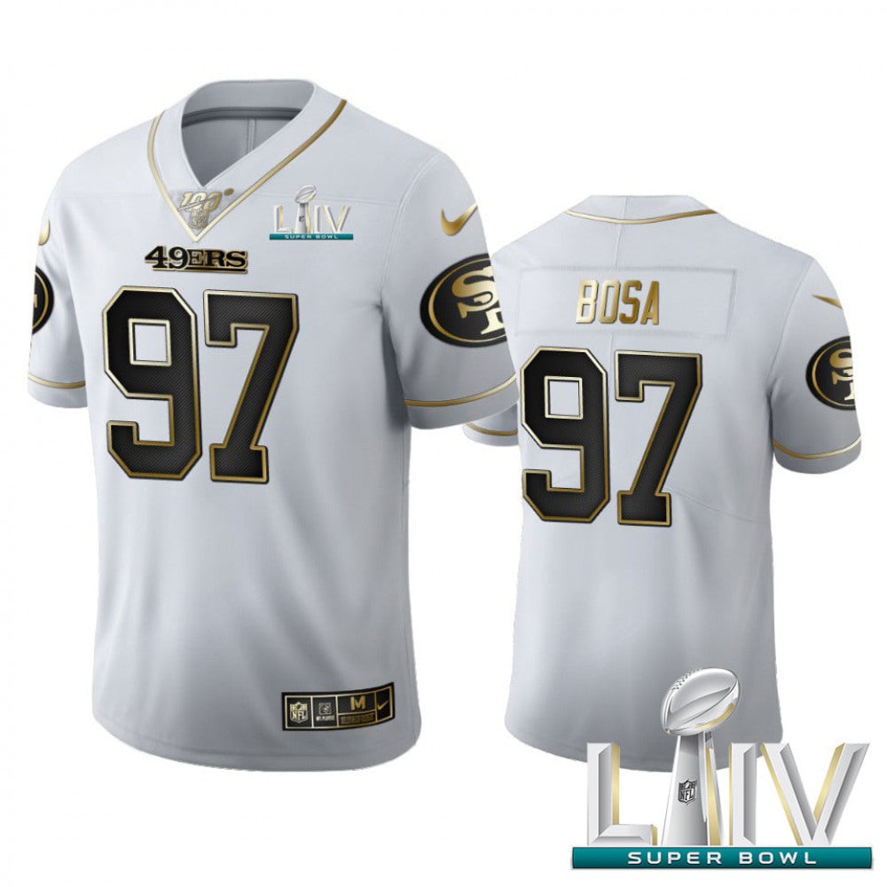 Men's San Francisco 49ers #97 Nick Bosa White With Super Bowl Patch 100th Season Golden Edition Limited Stitched Jersey 