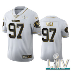 Men's San Francisco 49ers #97 Nick Bosa White With Super Bowl Patch 100th Season Golden Edition Limited Stitched Jersey 