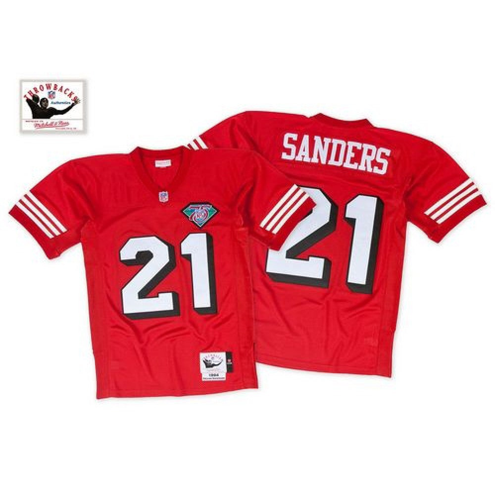 Mitchell And Ness 75TH 49ers #21 Deion Sanders Red Stitched Throwback NFL Jersey 