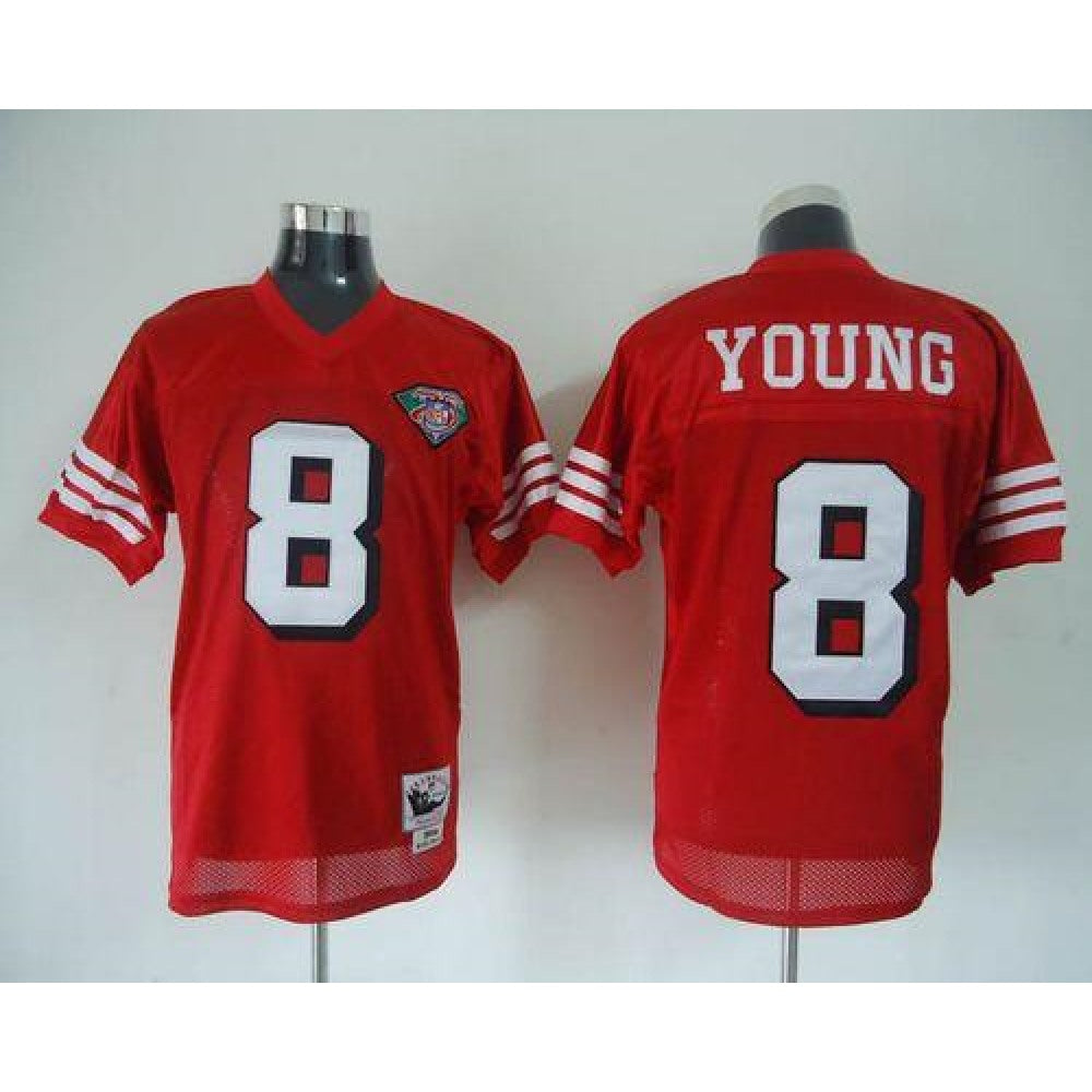 Mitchell And Ness 75TH 49ers #8 Steve Young Red Stitched Throwback NFL Jersey 
