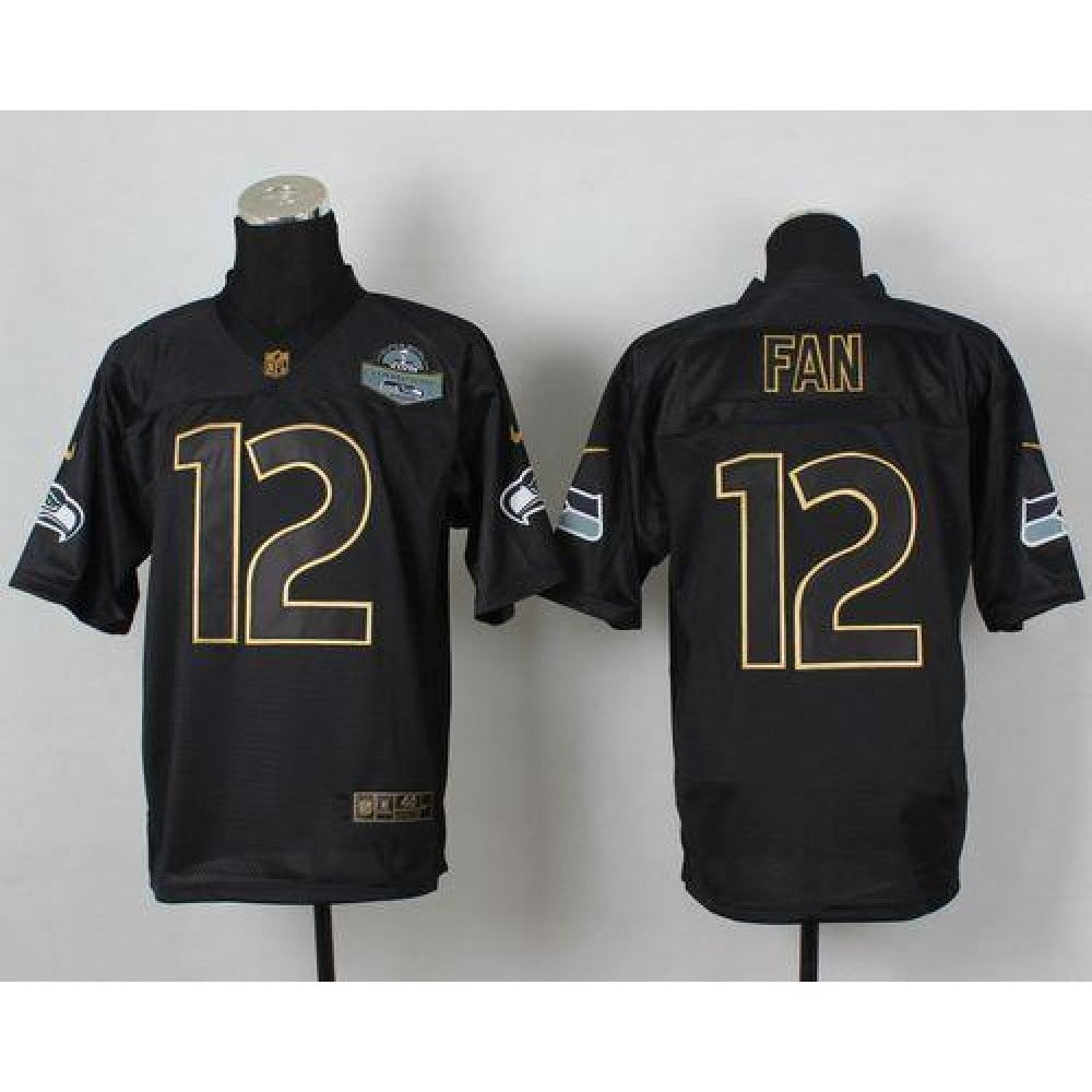 Seahawks #12 Fan Black Gold No. Fashion Men's Stitched NFL Elite Jersey 