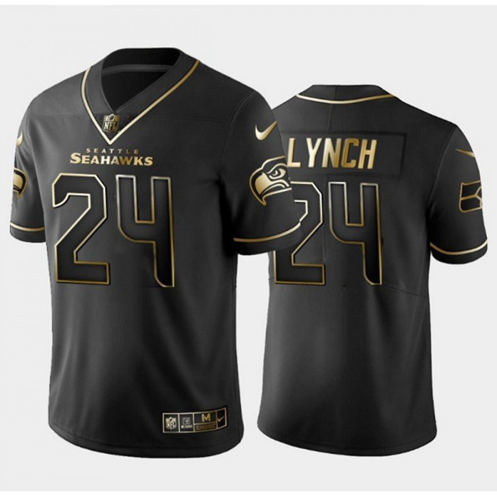 Men's Seattle Seahawks #24 Marshawn Lynch Black Golden Edition Limited Stitched Jersey 