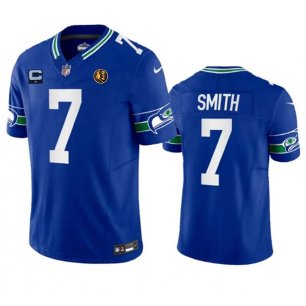 Men's Seattle Seahawks #7 Geno Smith Blue 2023 F.U.S.E. Throwback With 1-star C Patch And John Madden Patch Vapor Limited Stitched Football Jersey 