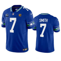 Men's Seattle Seahawks #7 Geno Smith Blue 2023 F.U.S.E. Throwback With 1-star C Patch And John Madden Patch Vapor Limited Stitched Football Jersey 