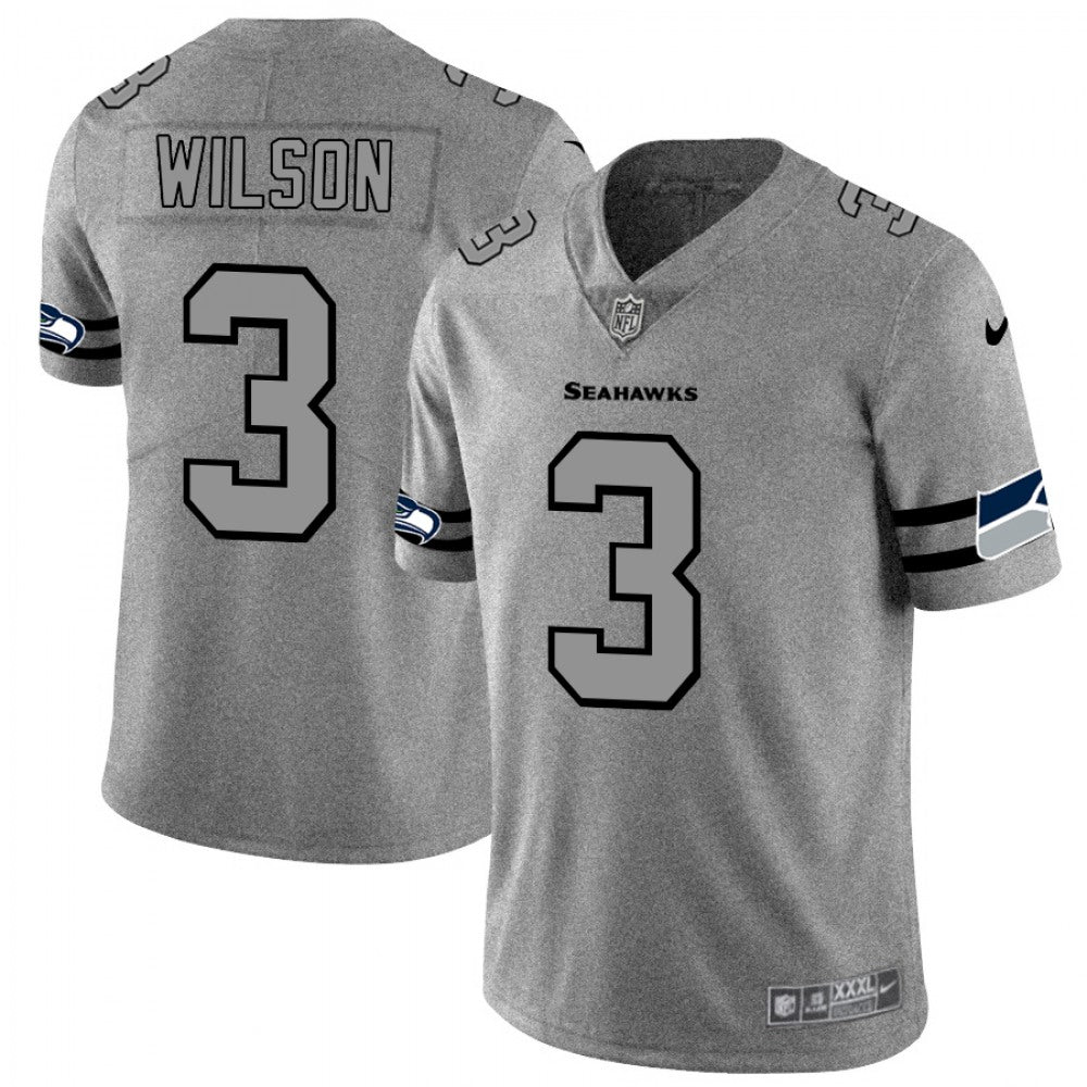 Men's Seattle Seahawks #3 Russell Wilson 2019 Gray Gridiron Team Logo Limited Stitched NFL Jersey 