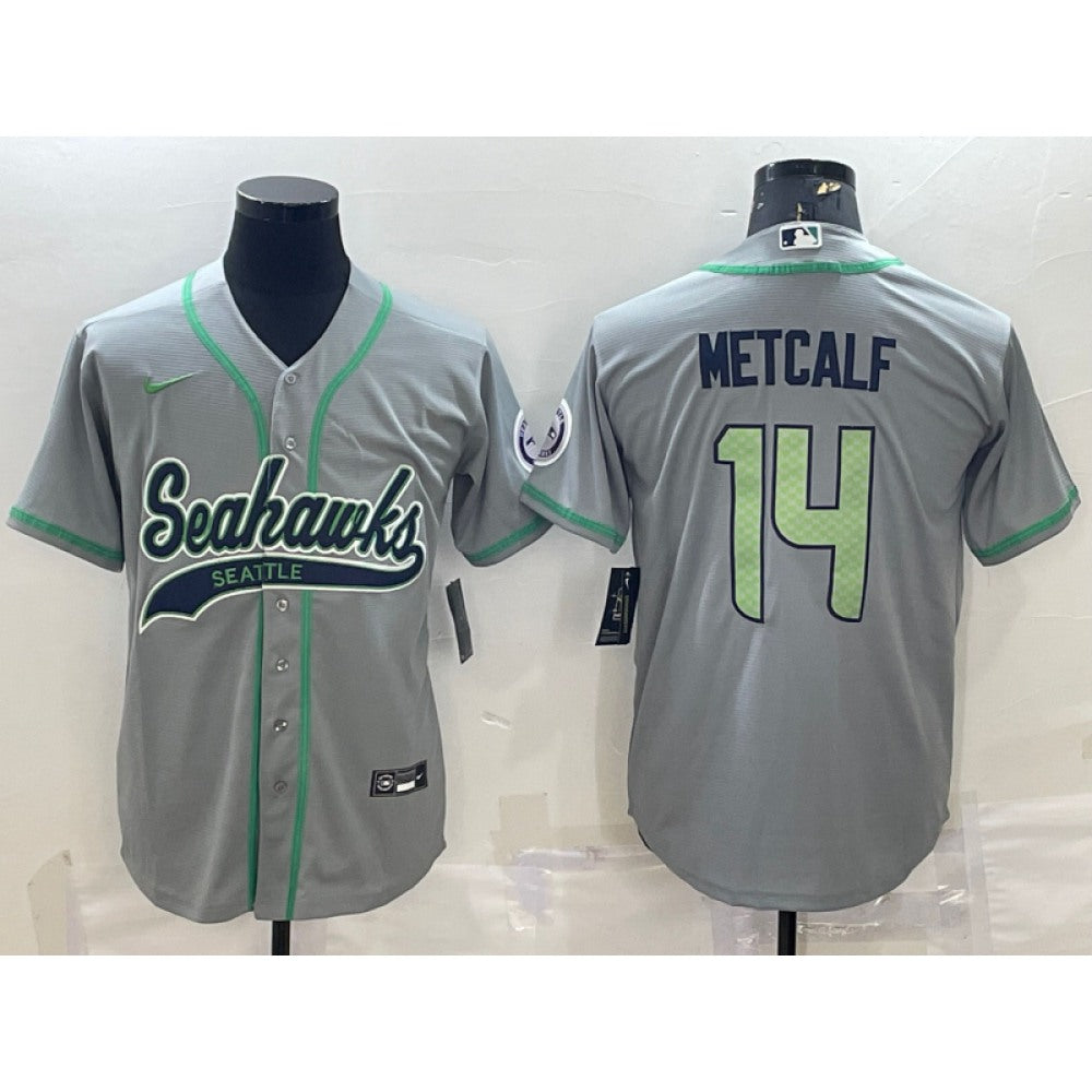 Men's Seattle Seahawks #14 DK Metcalf Grey With Patch Cool Base Stitched Baseball Jersey 