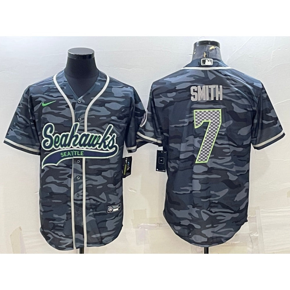 Men's Seattle Seahawks #7 Geno Smith Grey Camo With Patch Cool Base Stitched Baseball Jersey 