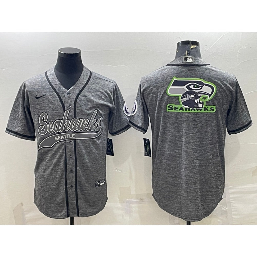 Men's Seattle Seahawks Grey Team Big Logo With Patch Cool Base Stitched Baseball Jersey 