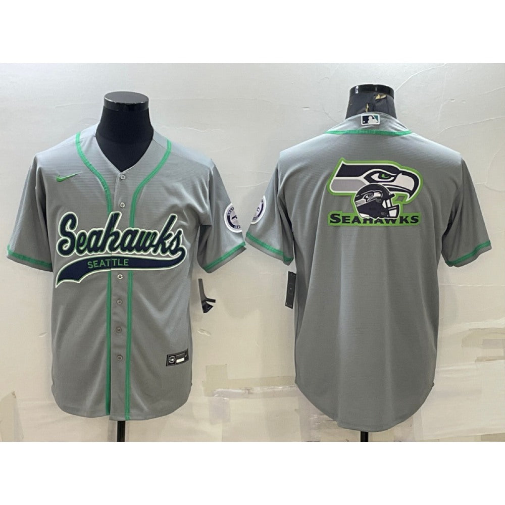 Men's Seattle Seahawks Grey Team Big Logo With Patch Cool Base Stitched Baseball Jersey 