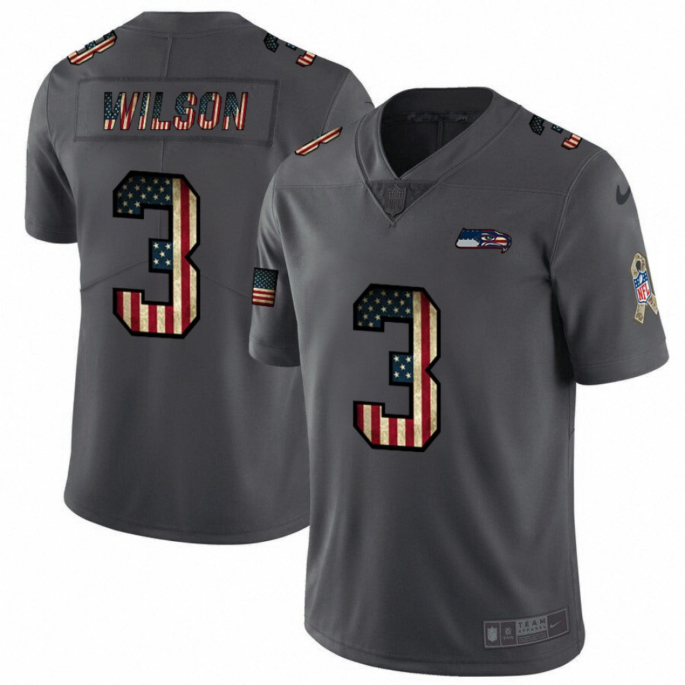Men's Seattle Seahawks #3 Russell Wilson Grey 2019 Salute To Service USA Flag Fashion Limited Stitched NFL Jersey 
