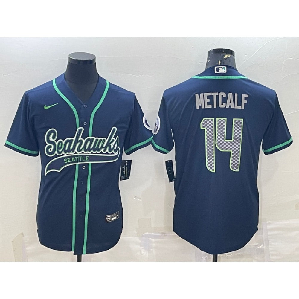 Men's Seattle Seahawks #14 DK Metcalf Navy With Patch Cool Base Stitched Baseball Jersey 