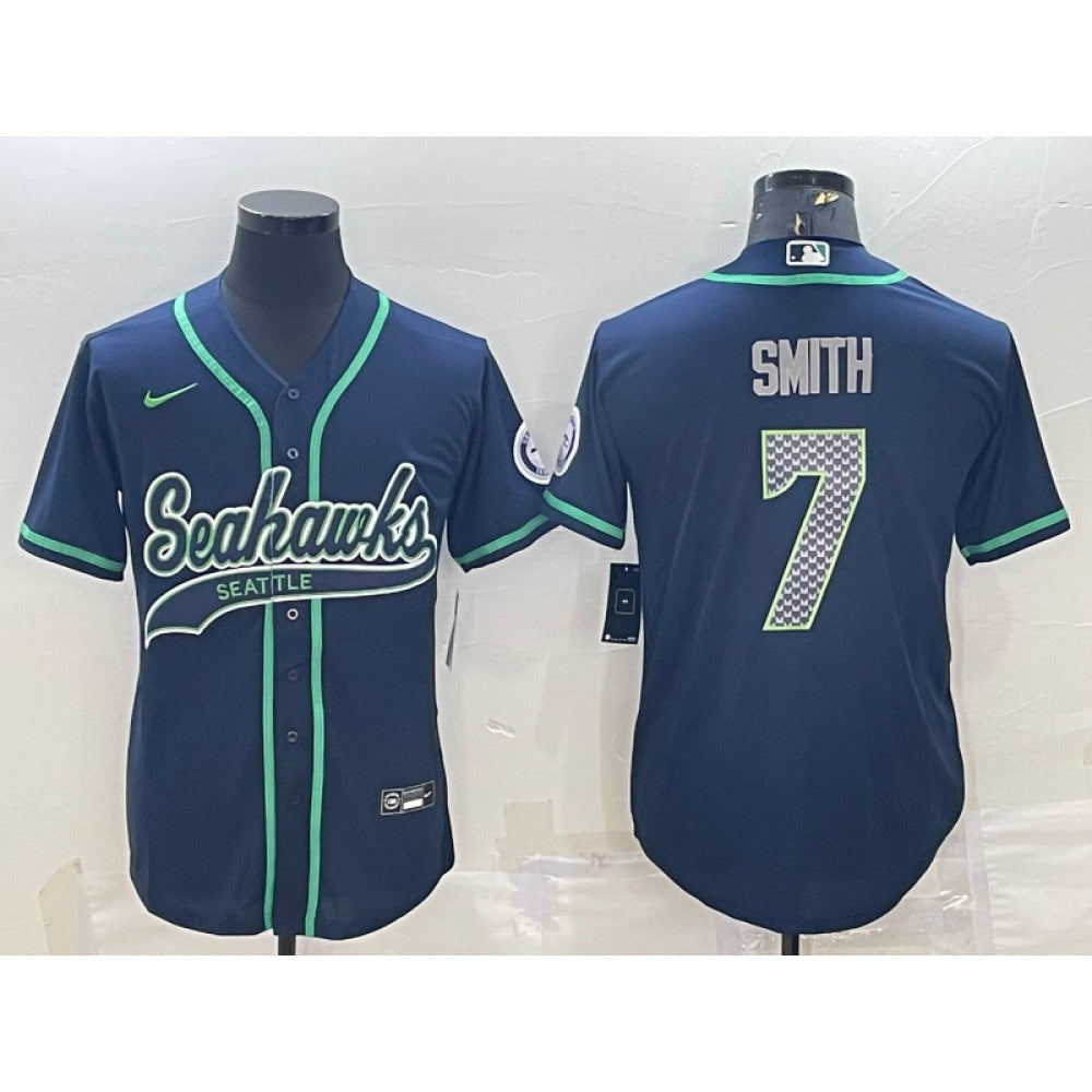 Men's Seattle Seahawks #7 Geno Smith Navy With Patch Cool Base Stitched Baseball Jersey 