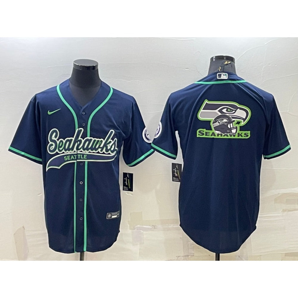 Men's Seattle Seahawks Navy Team Big Logo With Patch Cool Base Stitched Baseball Jersey 