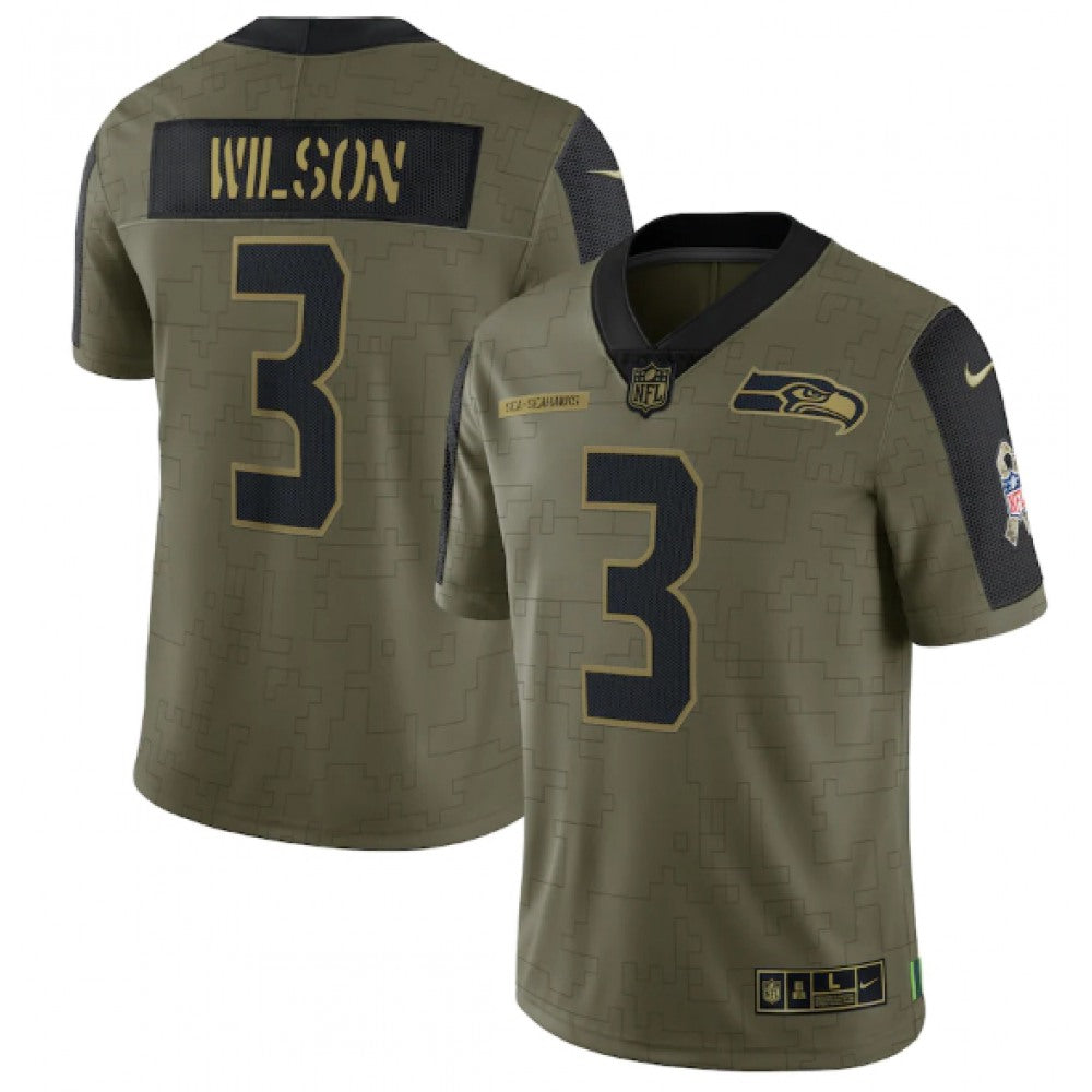 Men's Seattle Seahawks #3 Russell Wilson 2021 Olive Salute To Service Limited Stitched Jersey 