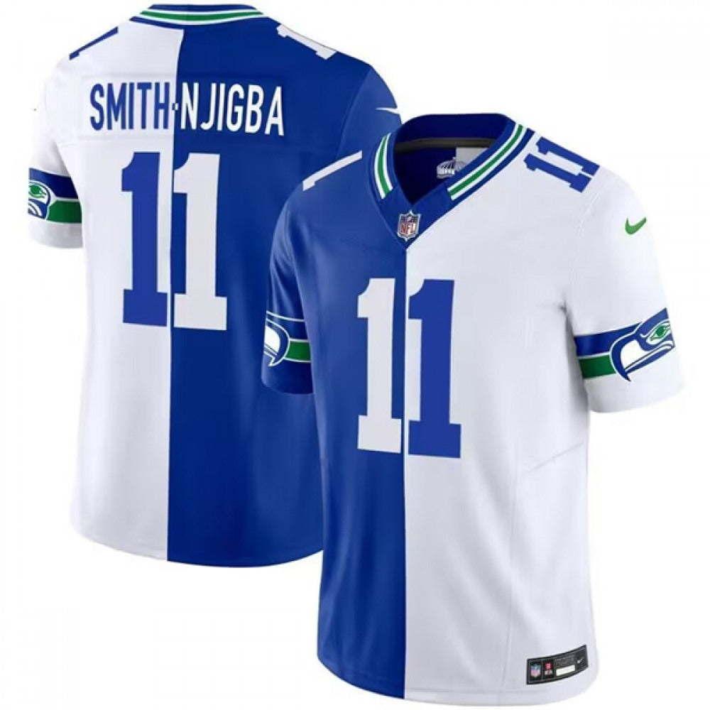 Men's Seattle Seahawks #11 Jaxon Smith-Njigba Royal/White Split 2023 F.U.S.E. Throwback Vapor Limited Stitched Football Jersey 