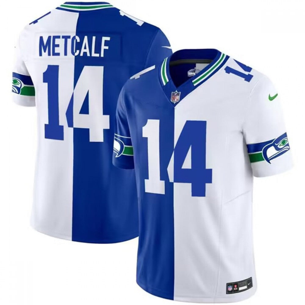 Men's Seattle Seahawks #14 D.K. Metcalf Royal/White Split 2023 F.U.S.E. Throwback Vapor Limited Stitched Football Jersey 
