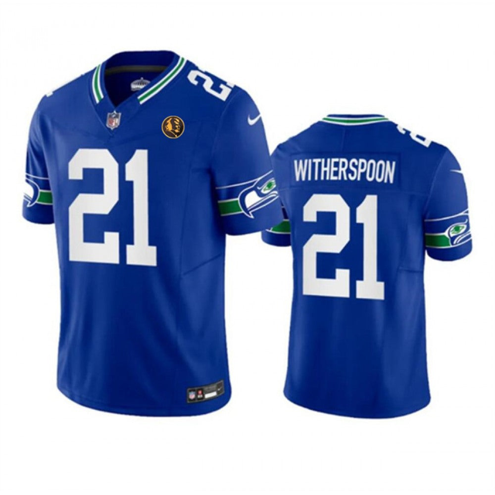 Men's Seattle Seahawks #21 Devon Witherspoon Royal 2023 F.U.S.E. Throwback With John Madden Patch Vapor Limited Stitched Football Jersey 