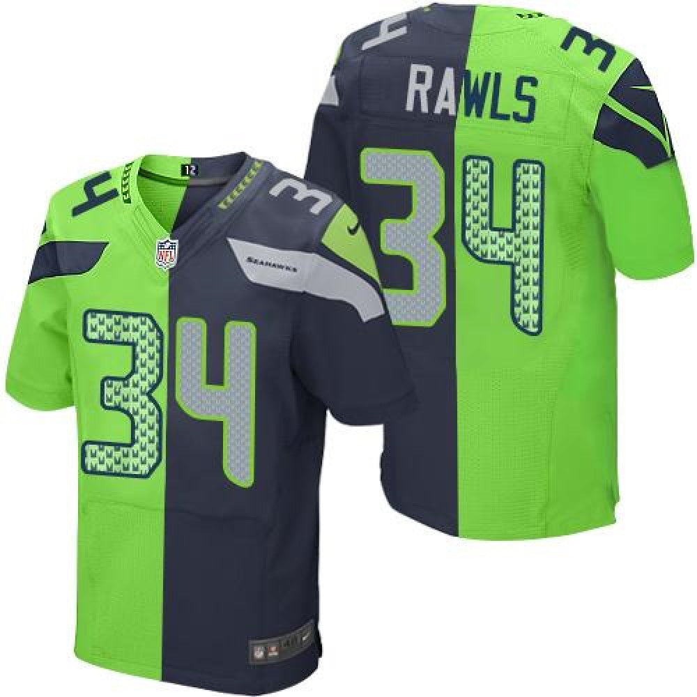Seahawks #34 Thomas Rawls Steel Blue/Green Men's Stitched NFL Elite Split Jersey 