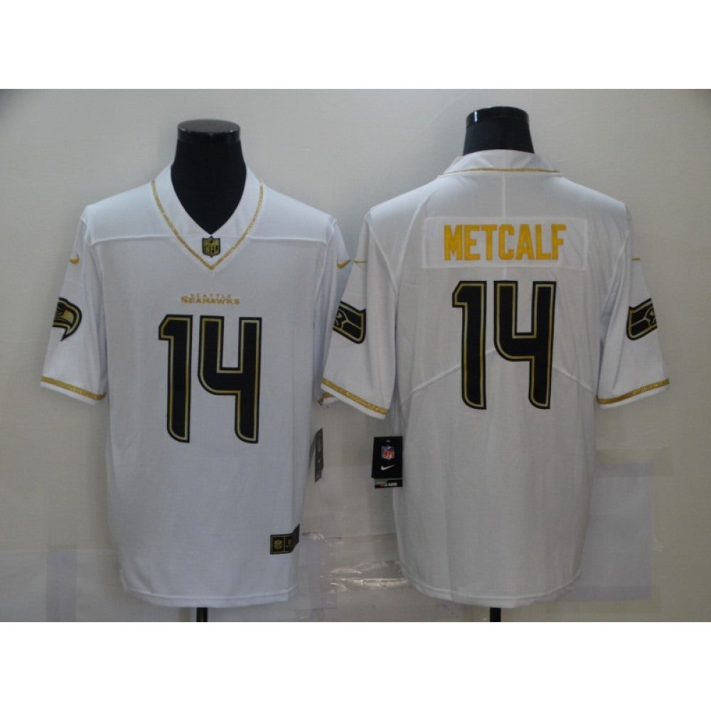 Men's Seattle Seahawks #14 D.K. Metcalf White Golden Stitched Jersey 