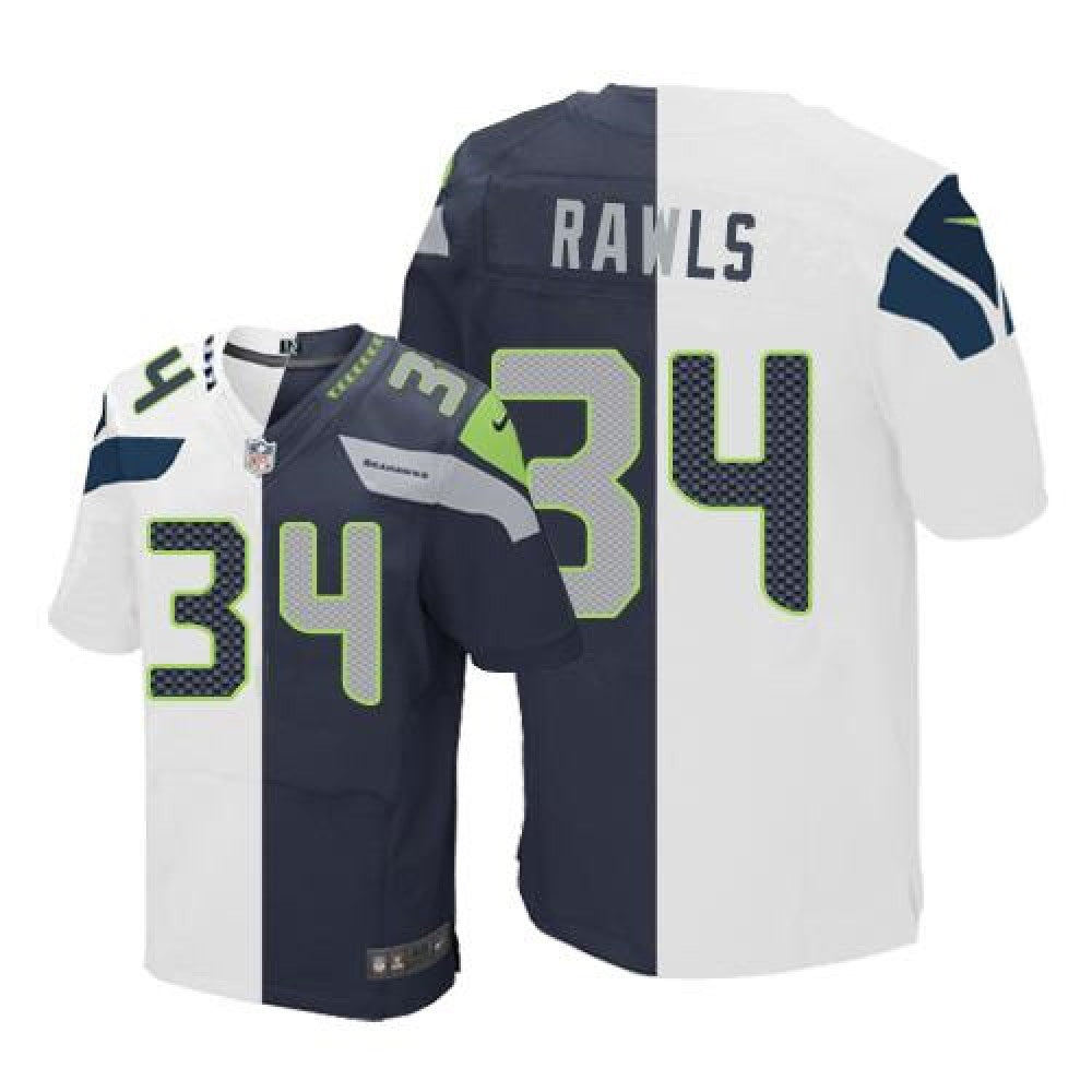 Seahawks #34 Thomas Rawls White/Steel Blue Men's Stitched NFL Elite Split Jersey 