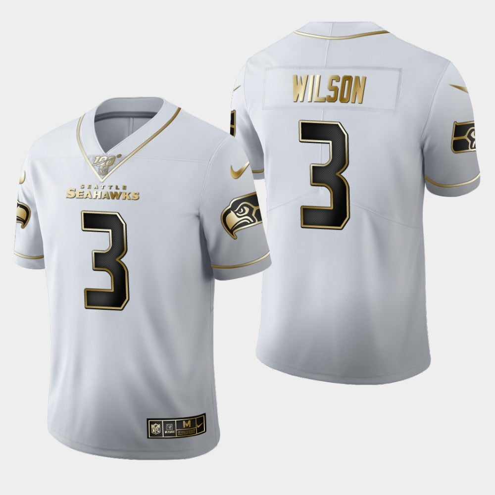Men's Seattle Seahawks #3 Russell Wilson White 2019 100th Season Golden Edition Limited Stitched NFL Jersey 