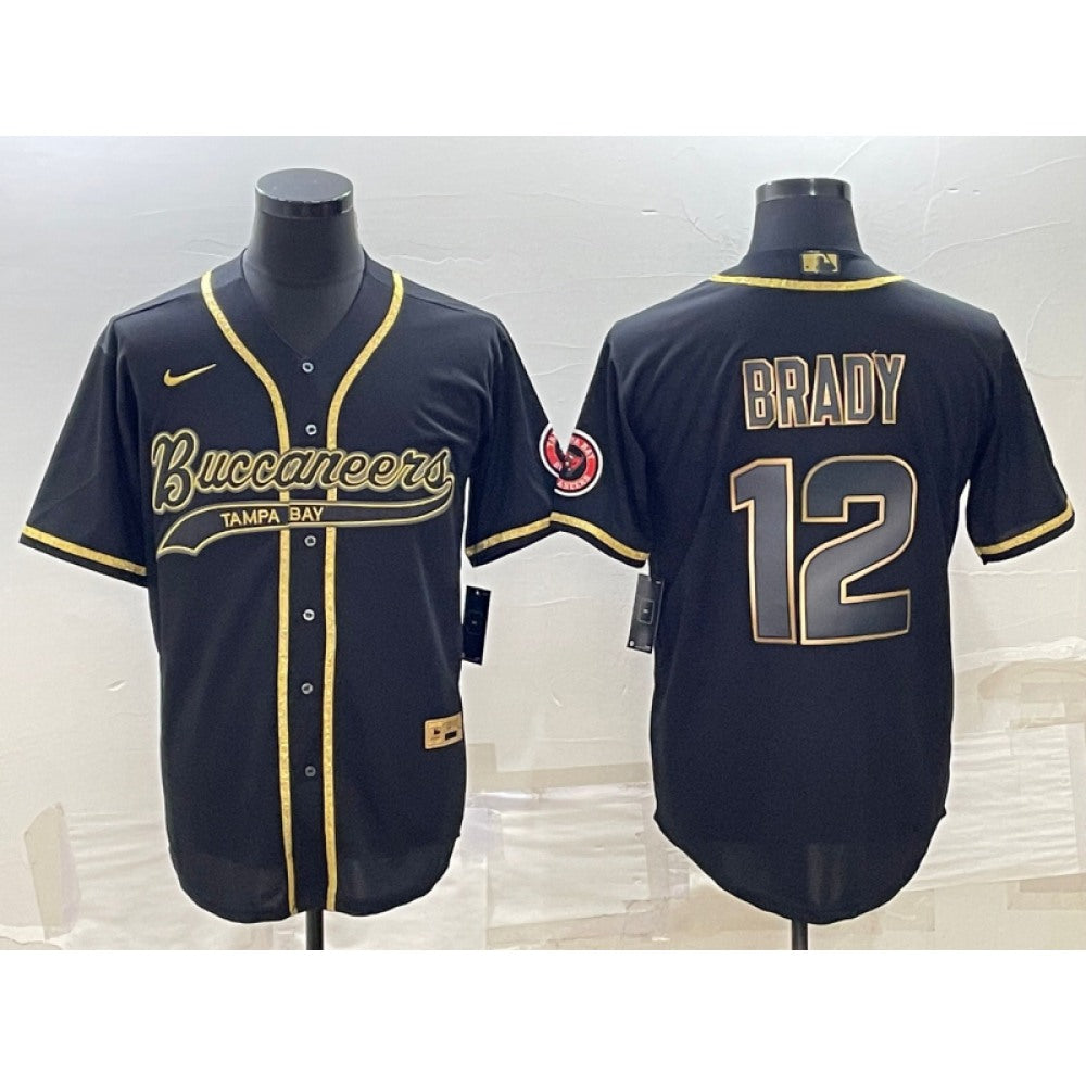 Men's Tampa Bay Buccaneers #12 Tom Brady Black Gold With Patch Cool Base Stitched Baseball Jersey 