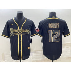 Men's Tampa Bay Buccaneers #12 Tom Brady Black Gold With Patch Cool Base Stitched Baseball Jersey 