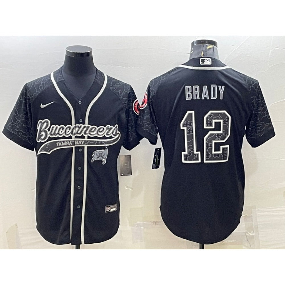 Men's Tampa Bay Buccaneers #12 Tom Brady Black Reflective With Patch Cool Base Stitched Baseball Jersey 