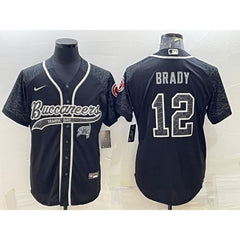 Men's Tampa Bay Buccaneers #12 Tom Brady Black Reflective With Patch Cool Base Stitched Baseball Jersey 