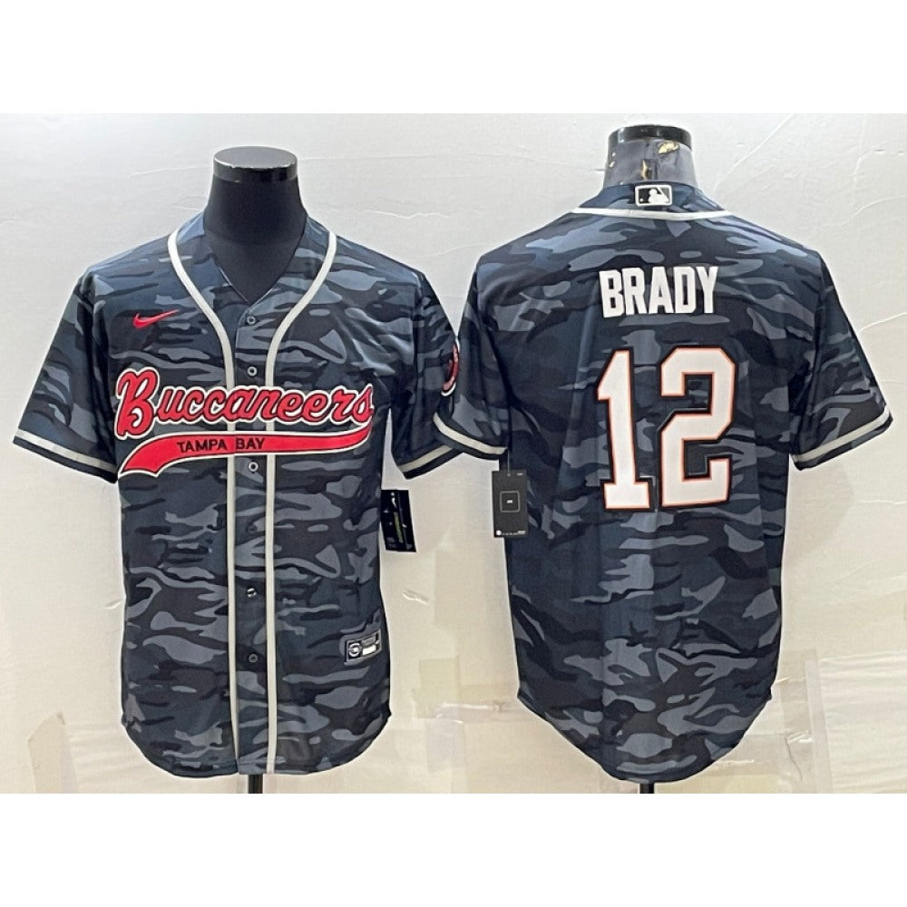 Men's Tampa Bay Buccaneers #12 Tom Brady Grey Camo With Patch Cool Base Stitched Baseball Jersey 