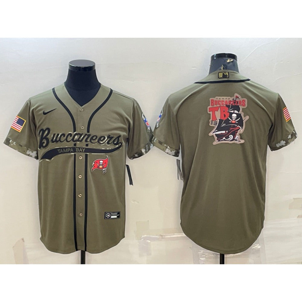 Men's Tampa Bay Buccaneers Olive 2022 Salute To Service Team Big Logo Cool Base Stitched Baseball Jersey 001 
