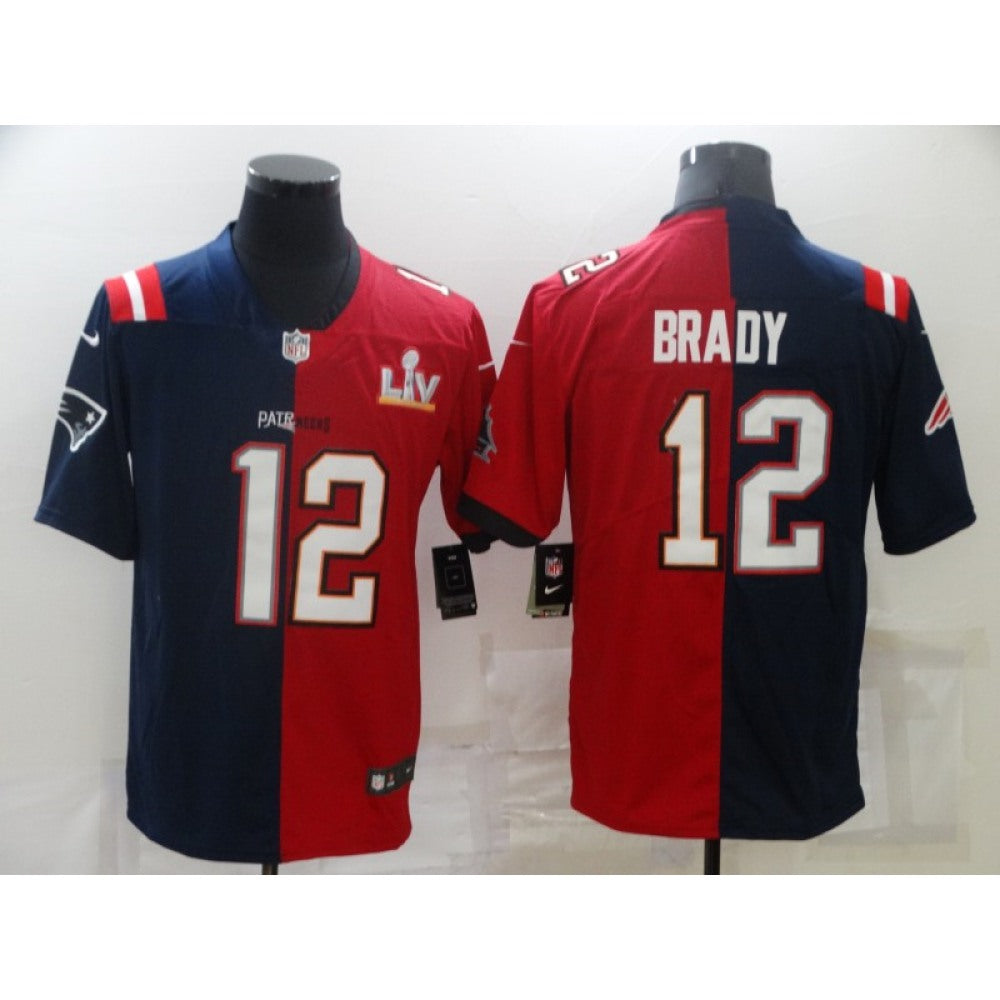 Men's Tampa Bay Buccaneers #12 Tom Brady Red Navy Super Bowl Split GOAT Stitched Jersey 