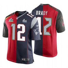 Men's Tampa Bay Buccaneers #12 Tom Brady Red Navy Super Bowl Split GOAT Stitched Jersey 