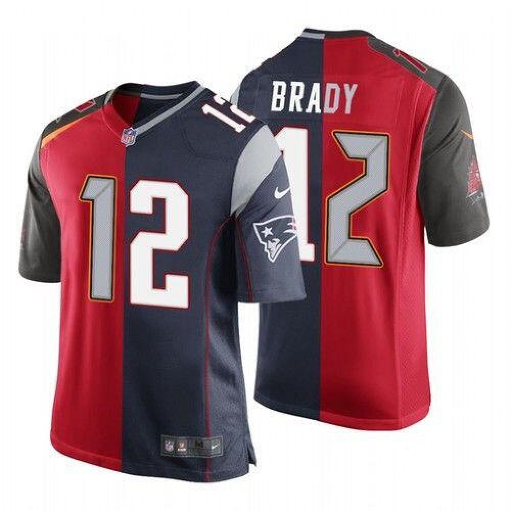 Men's Tampa Bay Buccaneers #12 Tom Brady Red and Navy Split GOAT Stitched Jersey 