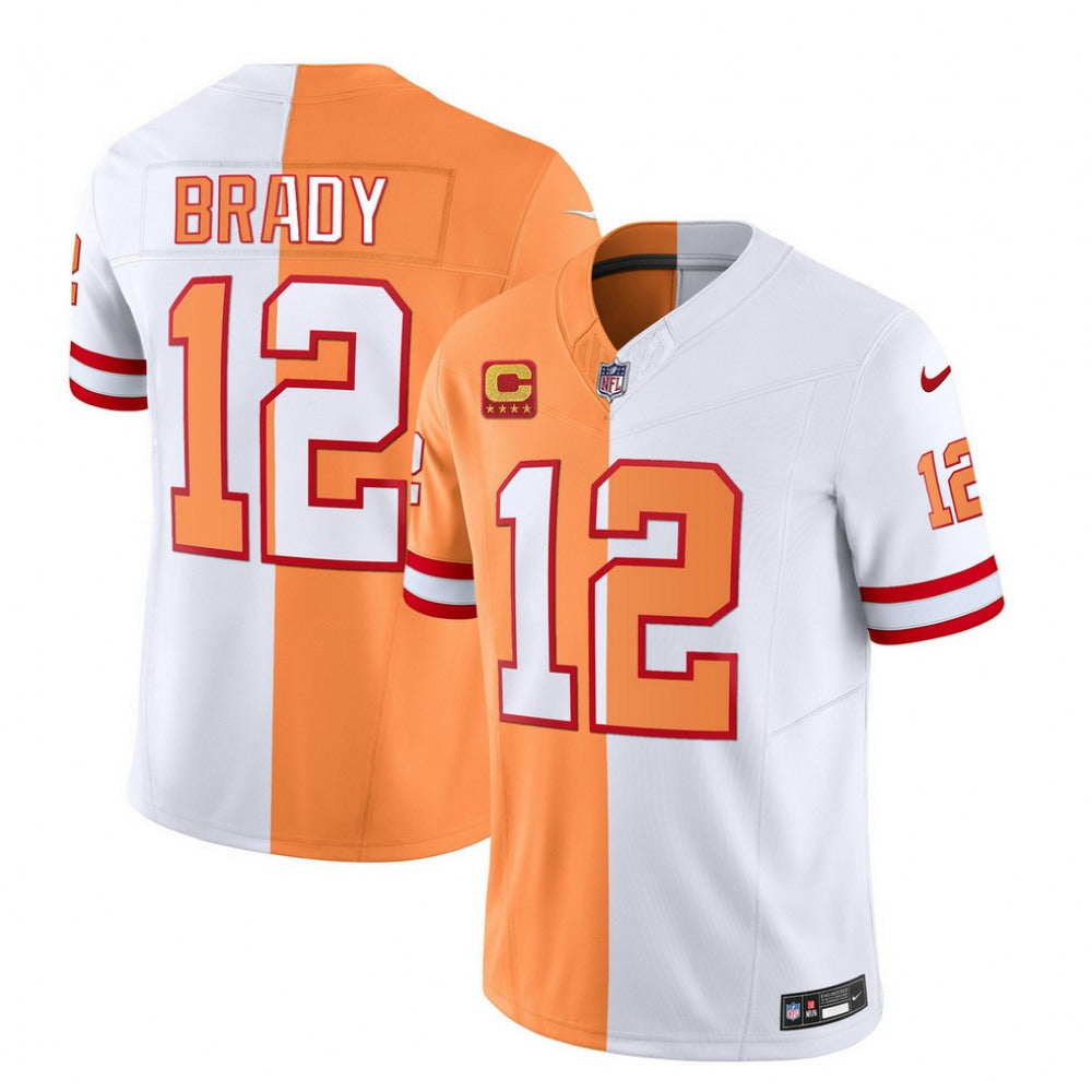 Men's Tampa Bay Buccaneers #12 Tom Brady 2023 F.U.S.E. White/Orange With 4-Star C Patch Split Throwback Limited Stitched Jersey 