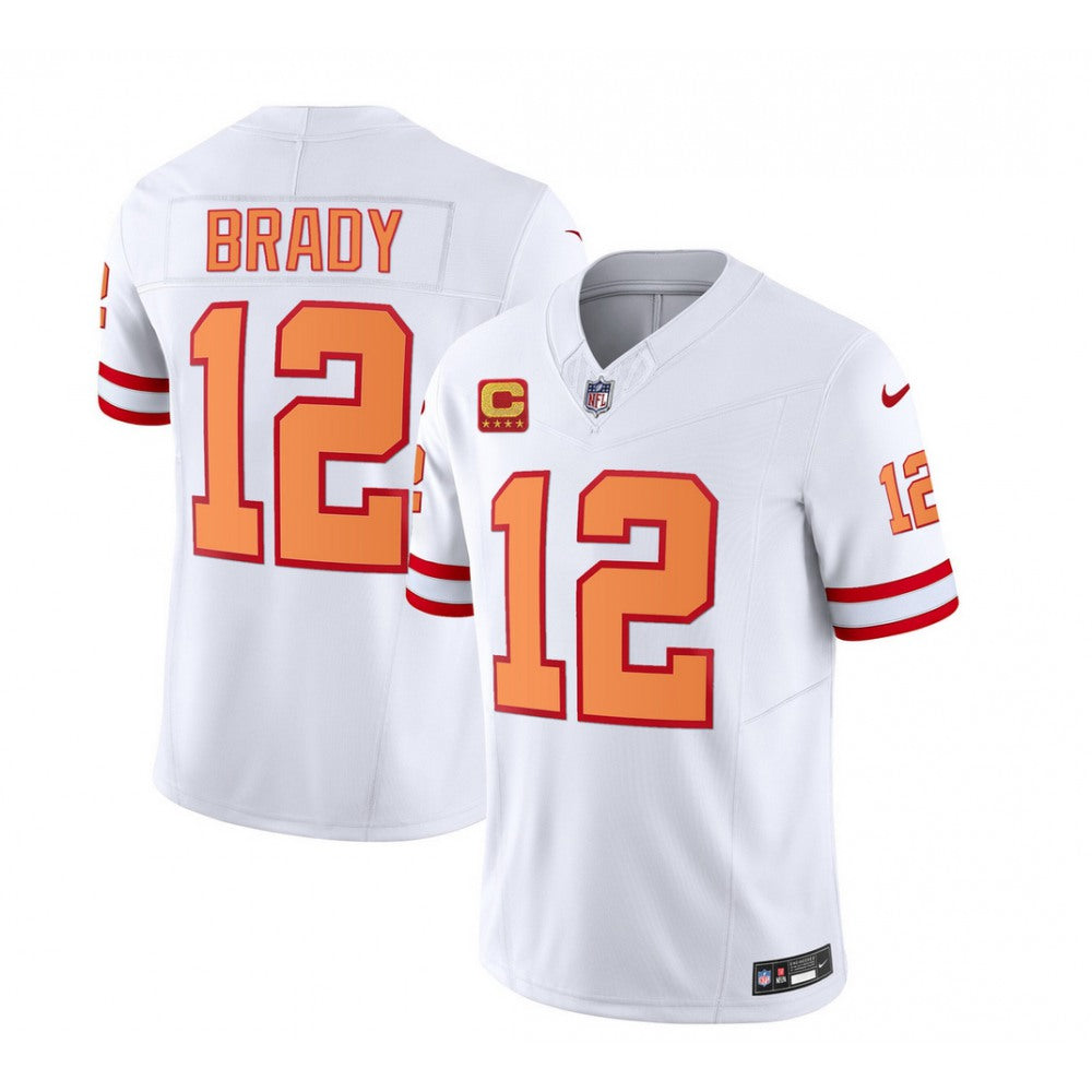 Men's Tampa Bay Buccaneers #12 Tom Brady 2023 F.U.S.E. White With 4-Star C Patch Throwback Limited Stitched Jersey 