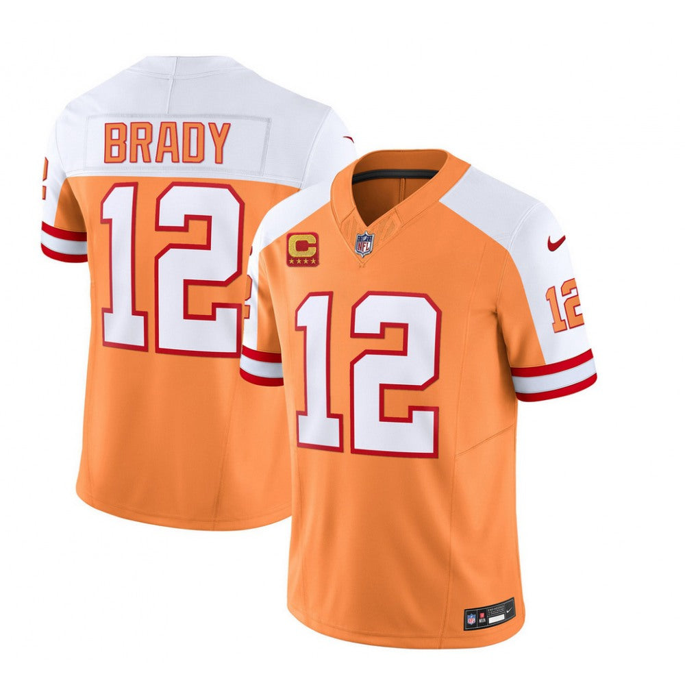 Men's Tampa Bay Buccaneers #12 Tom Brady 2023 F.U.S.E. White/Orange With 4-Star C Patch Throwback Limited Stitched Jersey 