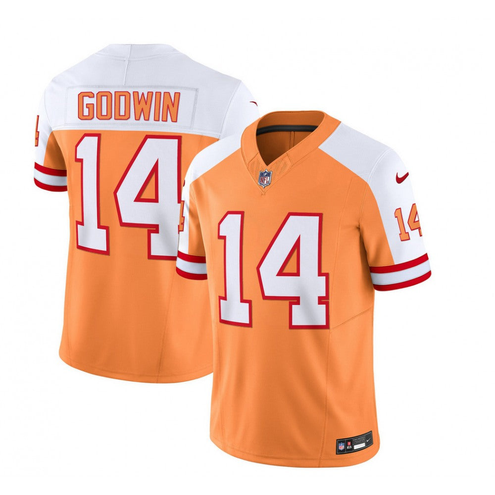 Men's Tampa Bay Buccaneers #14 Chris Godwin 2023 F.U.S.E. White/Orange With 4-Star C Patch Throwback Limited Stitched Jersey 