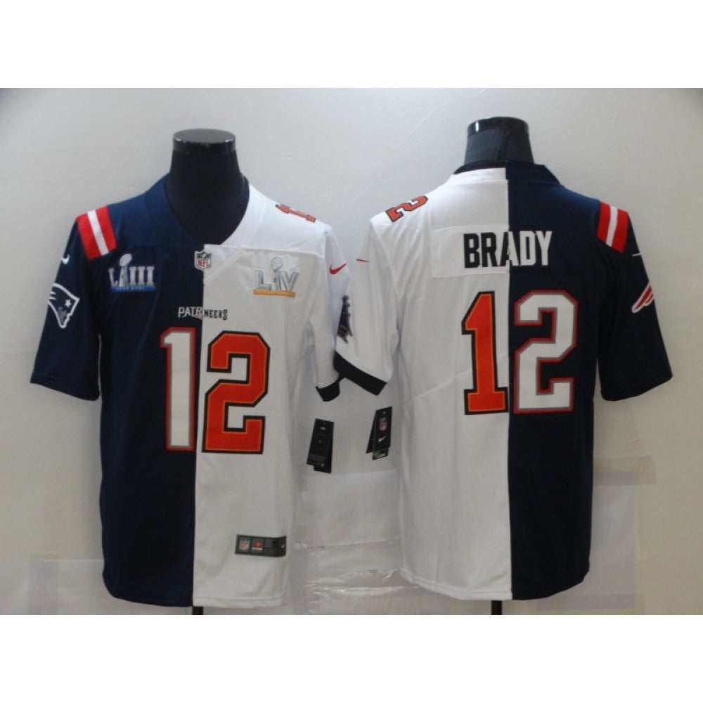 Men's Tampa Bay Buccaneers #12 Tom Brady White Navy Super Bowl Split GOAT Stitched Jersey 