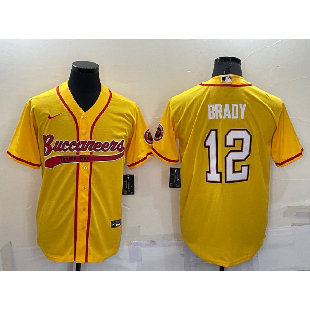 Men's Tampa Bay Buccaneers #12 Tom Brady Yellow Cool Base Stitched Baseball Jersey 