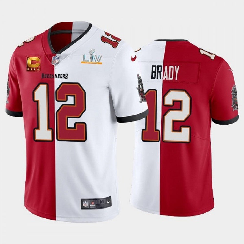 Men's Tampa Bay Buccaneers #12 Tom Brady Tom Brady Super Bowl LV Champions Split Captain Patch Vapor Untouchable Limited Stitched Jersey 