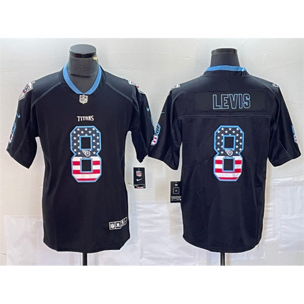 Men's Tennessee Titans #8 Will Levis Black 2018 USA Flag Color Rush Limited Stitched Jersey 