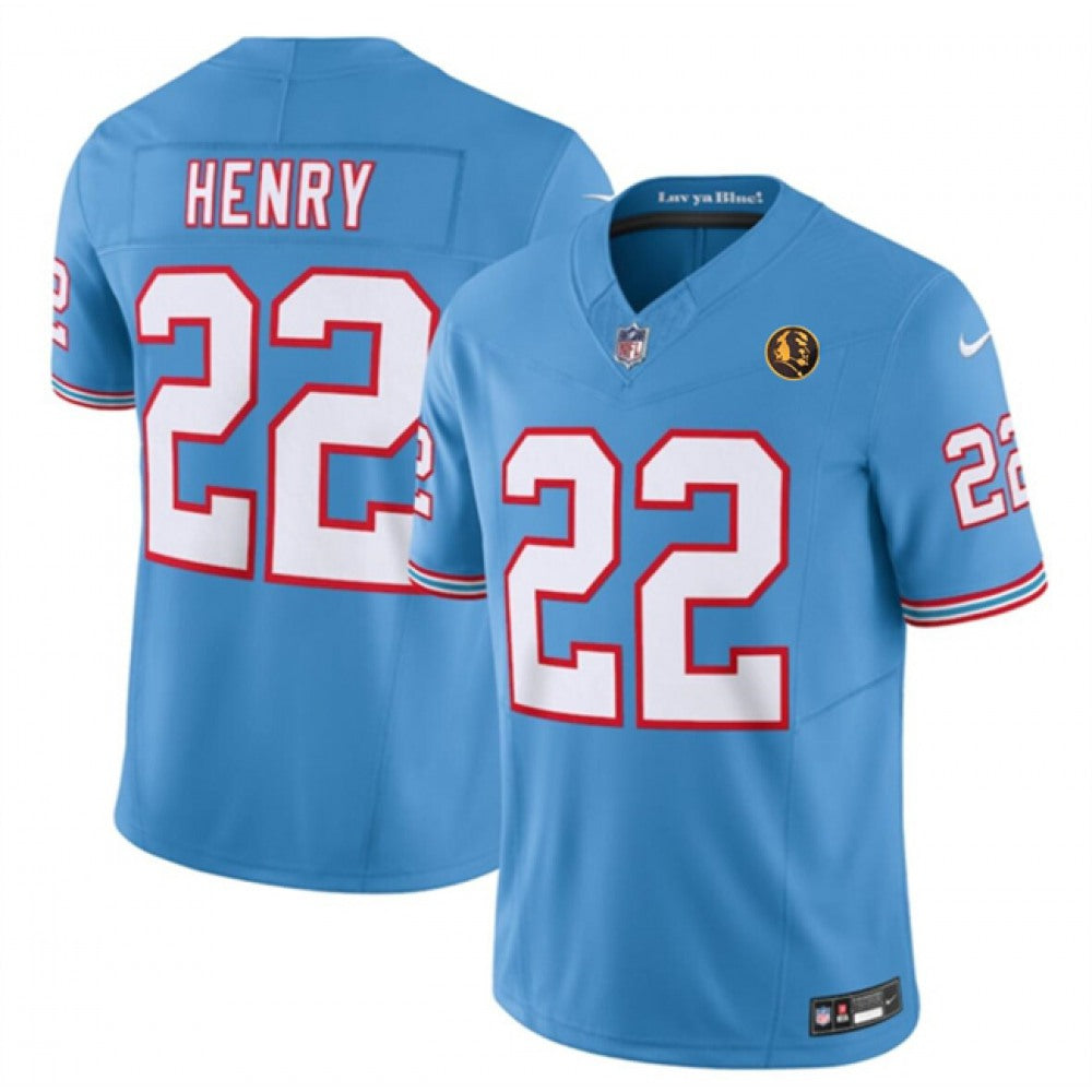 Men's Tennessee Titans #22 Derrick Henry Blue 2023 F.U.S.E. Throwback With John Madden Patch Vapor Limited Stitched Football Jersey 